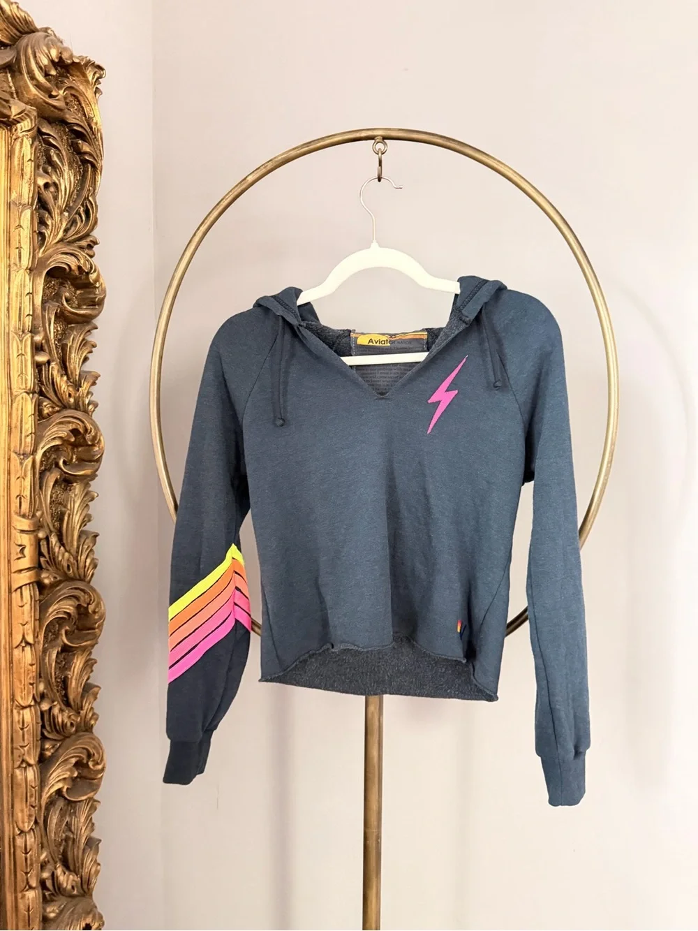Aviator Nation Women's Navy Hoodie with Neon Lightning & Chevron Sleeve - Picture 1 of 5
